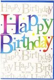 The photograph features a birthday card whose design feels as bright and upbeat as a celebration afternoon in Hemel Hempstead. The central focus is the message Happy Birthday, written in large, clear letters that stretch confidently across the card. Each letter is filled with its own shade from a rich rainbow gradient, flowing smoothly from bold red to vibrant orange, mellow yellow, bright green, cool blue, and deep purple, so the greeting seems almost to glow against the background. That background is adorned with repeated lines of elegant gold script, the words Happy Birthday to you written in a flowing, cursive style that weaves across the entire surface in neat rows. The golden writing has a gentle metallic sheen, catching the light in the same subtle way as party decorations at a home near Gadebridge or along Leverstock Green Road. This layer of refined script contrasts beautifully with the playful rainbow letters, creating a design that feels both festive and carefully considered. The card looks smooth to the touch, with the main lettering slightly raised, adding a tactile dimension that invites the fingers to trace each coloured curve. Scattered lightly around the greeting are tiny flecks of colour and star-like details, evoking a soft cloud of confetti drifting through the air at the end of a birthday song. Overall, the card projects warmth, excitement, and thoughtful charm, the kind of greeting one might choose to accompany a fresh, colourful bouquet arriving from Flowers Hemel Hempstead to a doorstep in Boxmoor, Adeyfield, or any of the town's welcoming neighbourhoods.
